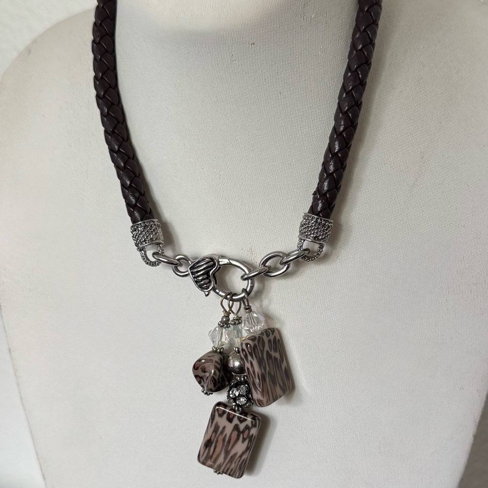 Brown Braided Leather Necklace w/ Animal Print Beads & Silver Charm Cluster